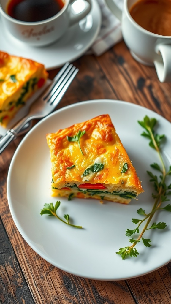 A slice of egg bake with bell peppers and spinach on a plate, garnished with herbs, accompanied by coffee on a rustic table.